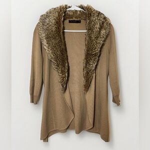 The Limited Vintage Cardigan Sweater Tan Brown 3/4 Sleeve Small Faux Fur Collar